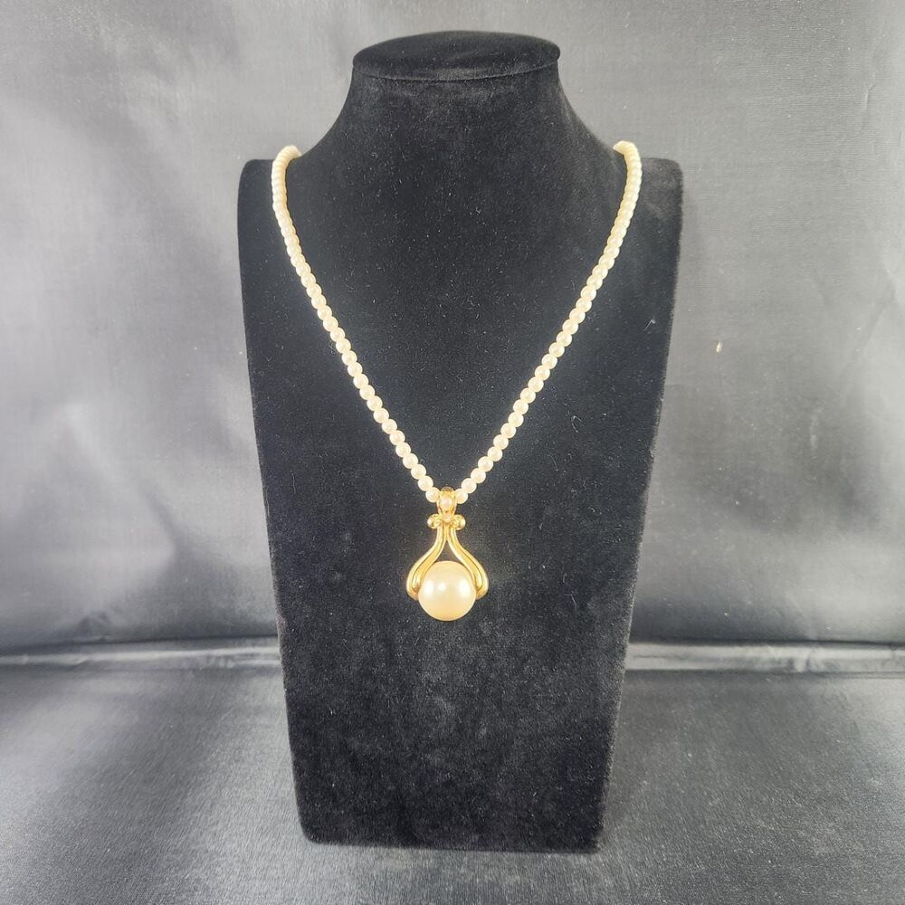 Long 30" Faux Pearl in Cage Pendant Necklace Vintage Avon Marked w Gift Box